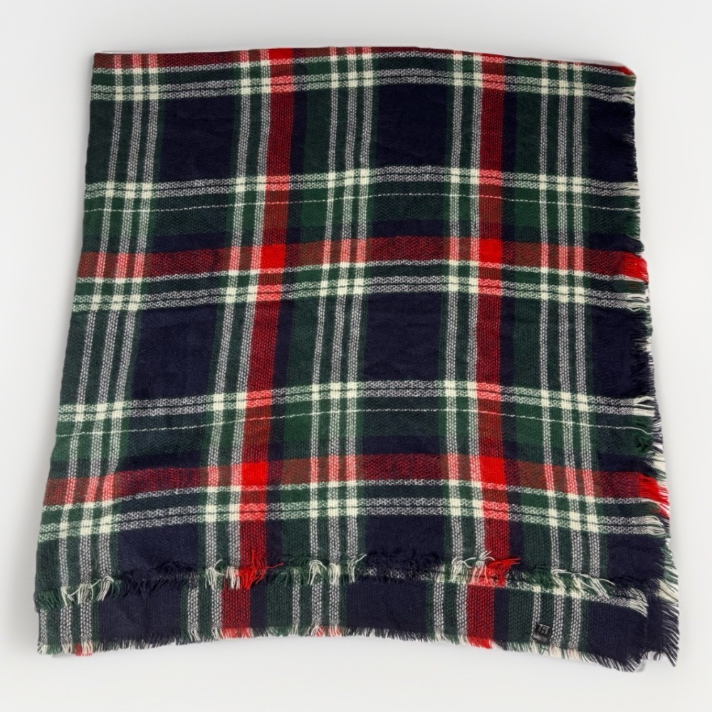 Tartan Plaid Blanket‎ Scarf Navy Green Red White Fringe 60"x60" Acrylic Soft